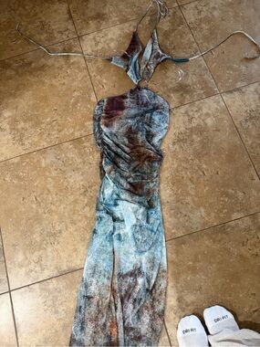 Fashion Nova Tie-Dye Maxi Dress in Teal, Brown, Rust